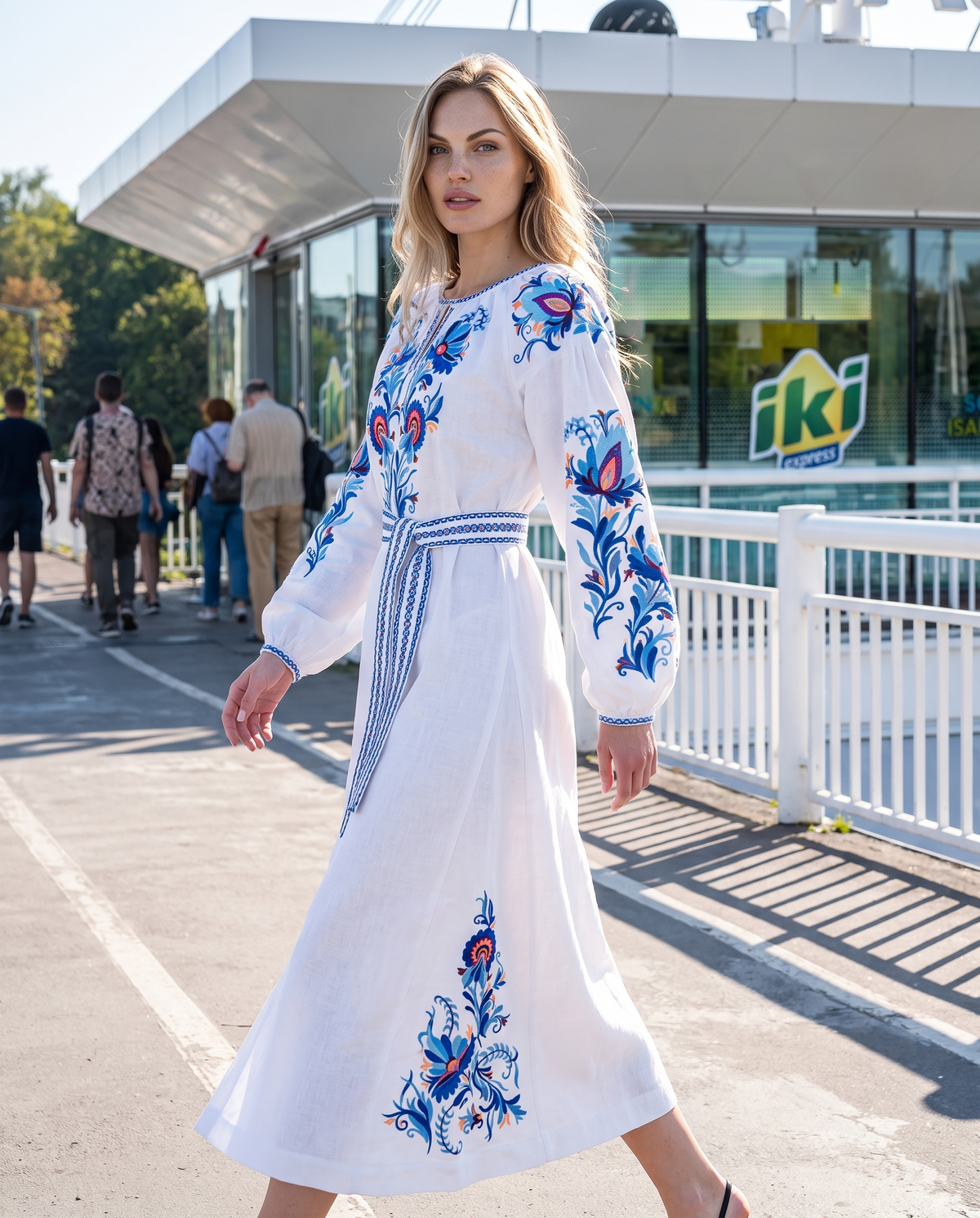 White linen vyshyvanka dress with floral Ukrainian embroidery, women's long sleeve, photo 3