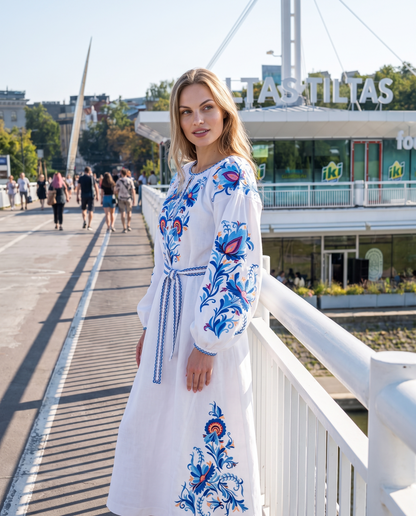 White linen vyshyvanka dress with floral Ukrainian embroidery, women's long sleeve, photo 4