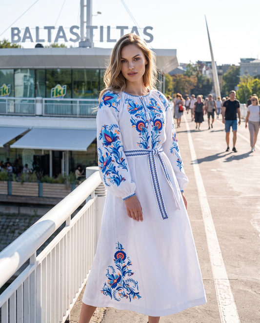 White linen vyshyvanka dress with floral Ukrainian embroidery, women's long sleeve