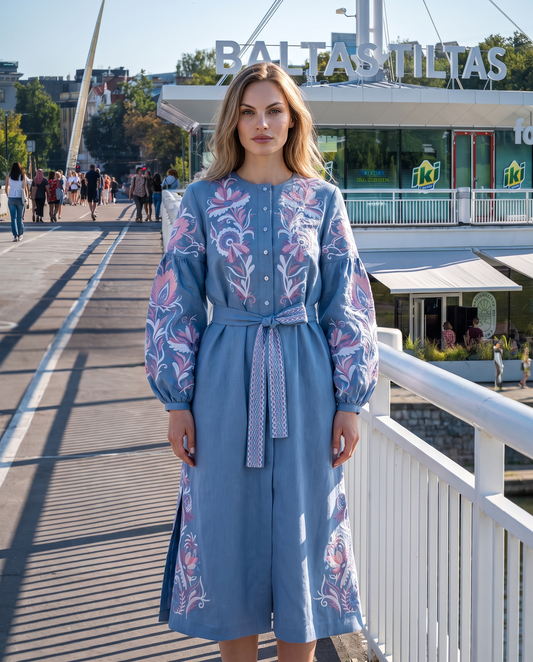 Blue embroidered vyshyvanka dress with floral Ukrainian ornament, women's long sleeve