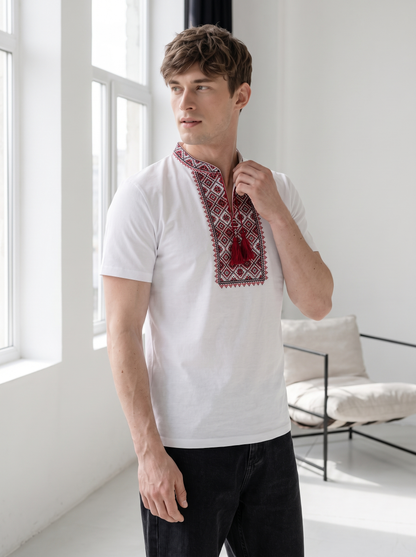 White and red embroidered cotton t-shirt with geometric and ornamental Ukrainian embroidery, photo 4