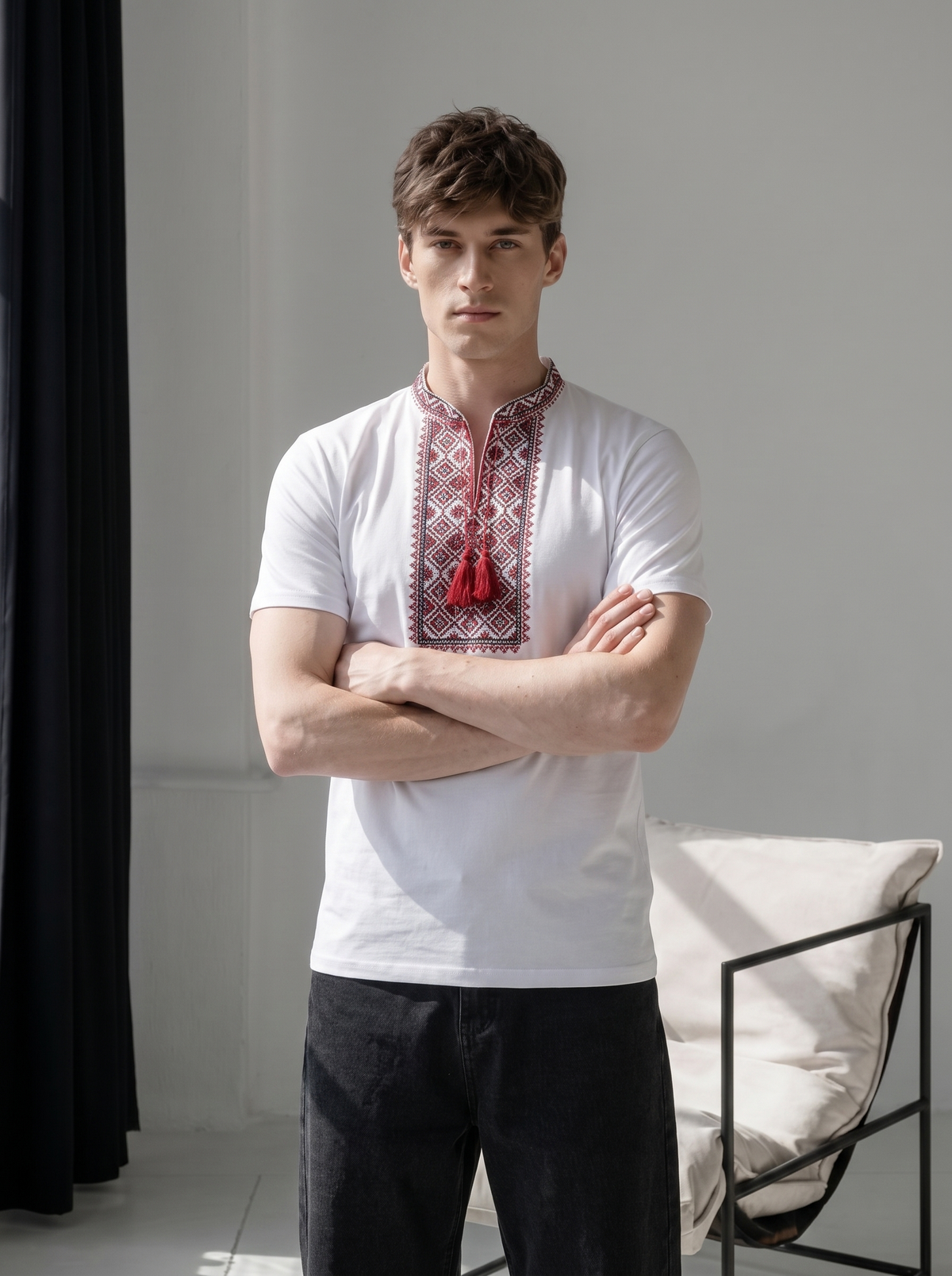 White and red embroidered cotton t-shirt with geometric and ornamental Ukrainian embroidery, photo 5