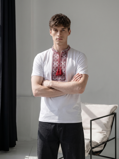 White and red embroidered cotton t-shirt with geometric and ornamental Ukrainian embroidery, photo 5
