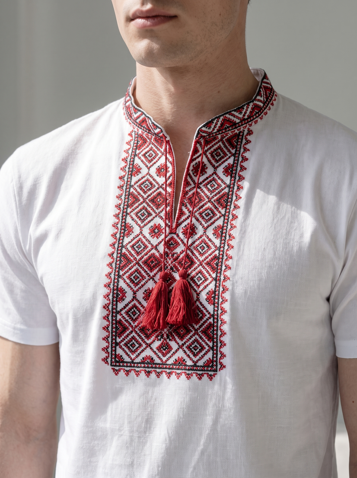 White and red embroidered cotton t-shirt with geometric and ornamental Ukrainian embroidery, photo 2