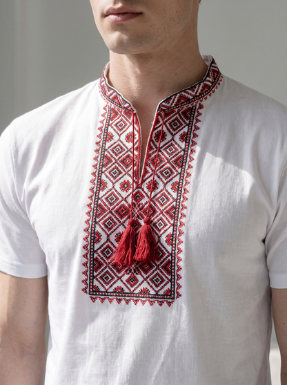 White and red embroidered cotton t-shirt with geometric and ornamental Ukrainian embroidery, photo 2