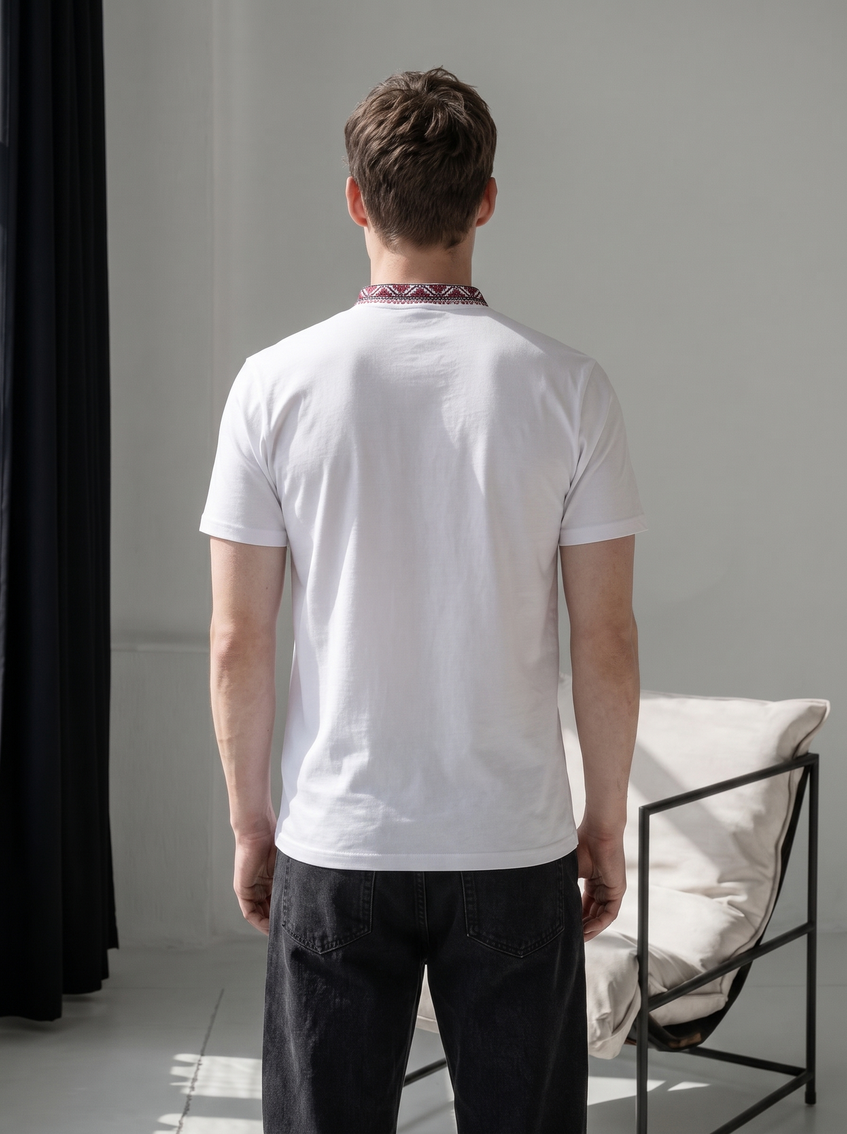 White and red embroidered cotton t-shirt with geometric and ornamental Ukrainian embroidery, photo 3