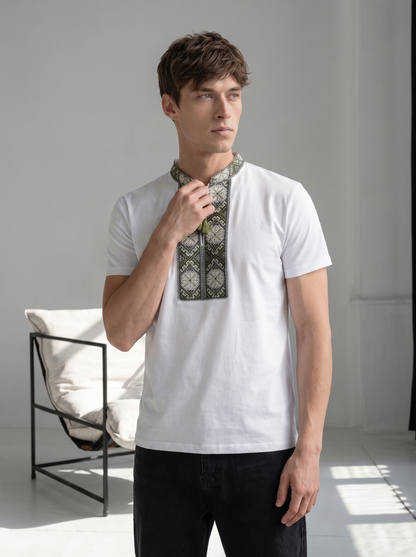 White and gray embroidered cotton t-shirt with geometric Ukrainian ornament, photo 2