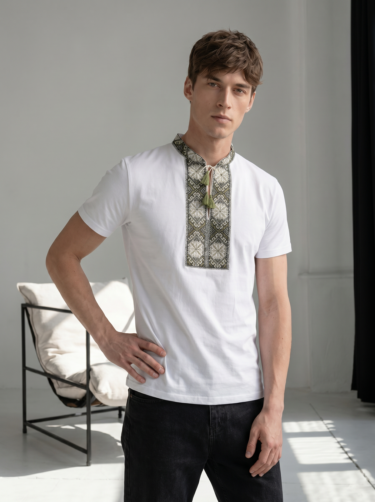 White and gray embroidered cotton t-shirt with geometric Ukrainian ornament, photo 4