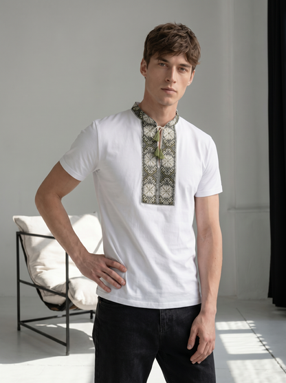 White and gray embroidered cotton t-shirt with geometric Ukrainian ornament, photo 4