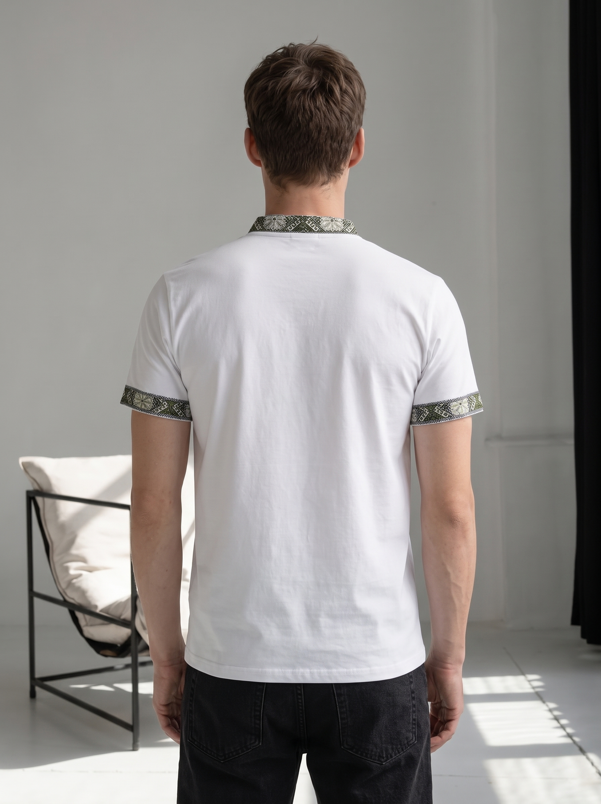 White and gray embroidered cotton t-shirt with geometric Ukrainian ornament, photo 5