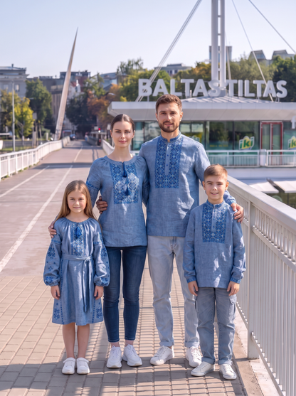 Family Set "Blakyt" – palaidinė tamsiai mėlyna su ornamento siuvinėjimu (lininis)
