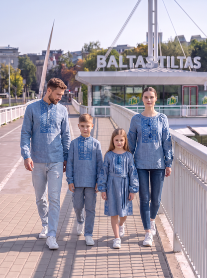 Family Set "Blakyt" – palaidinė tamsiai mėlyna su ornamento siuvinėjimu (lininis), nuotrauka 3