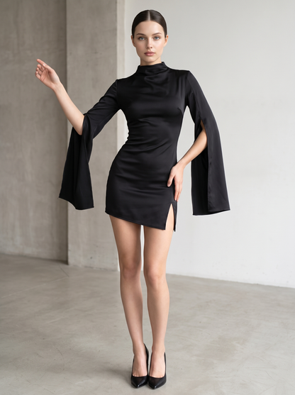 Dress "Mini" black - full-length front view with front skirt slit