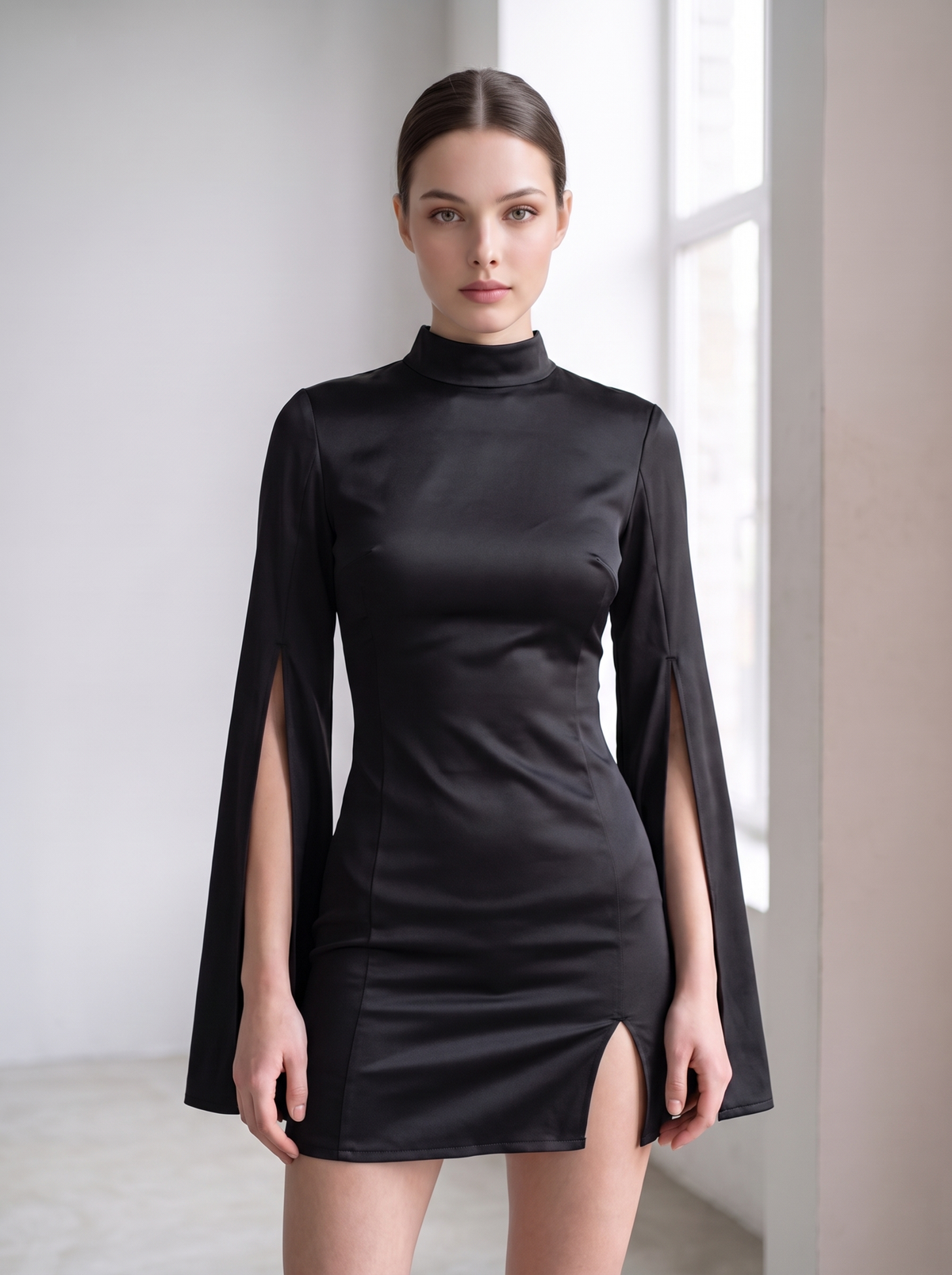 Dress "Mini" black - satin mock-neck mini dress with cape slit sleeves, front view