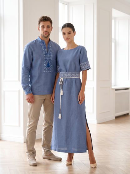Family set Linen " Nebisniy" – šeimos vyšyvankų komplektas mėlynas (lininis)