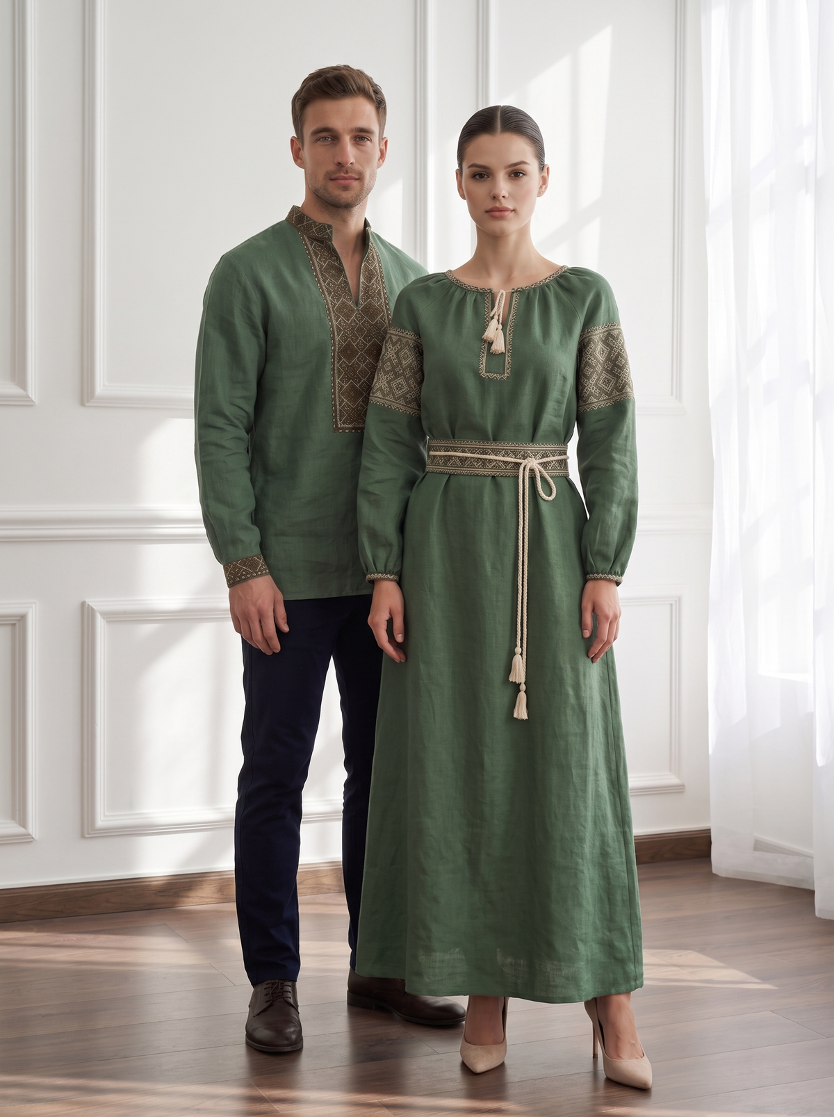 Family set Linen " Pole" – šeimos vyšyvankų komplektas žalias (lininis)