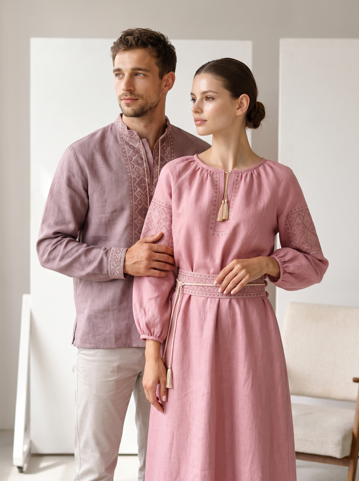 Family set Linen " Mriya" – šeimos vyšyvankų komplektas rožinis (lininis)