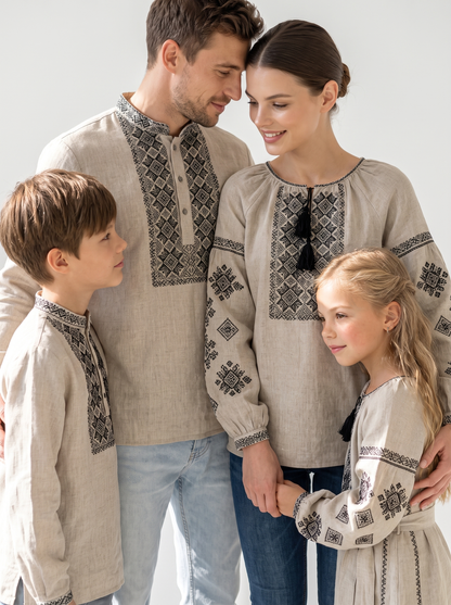 Family Set "Polotno" – šeimos vyšyvankų komplektas smėlio spalvos (lininis)