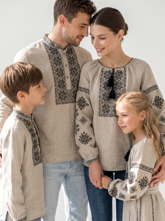 Family Set "Polotno" – šeimos vyšyvankų komplektas smėlio spalvos (lininis)