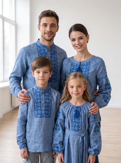 Family Set "Blakyt" – šeimos vyšyvankų komplektas mėlynas (lininis)