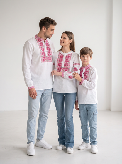 Family set "Semenivni" – šeimos vyšyvankų komplektas baltas su raudonu geometriniu siuvinėjimu (medvilninis), photo 5