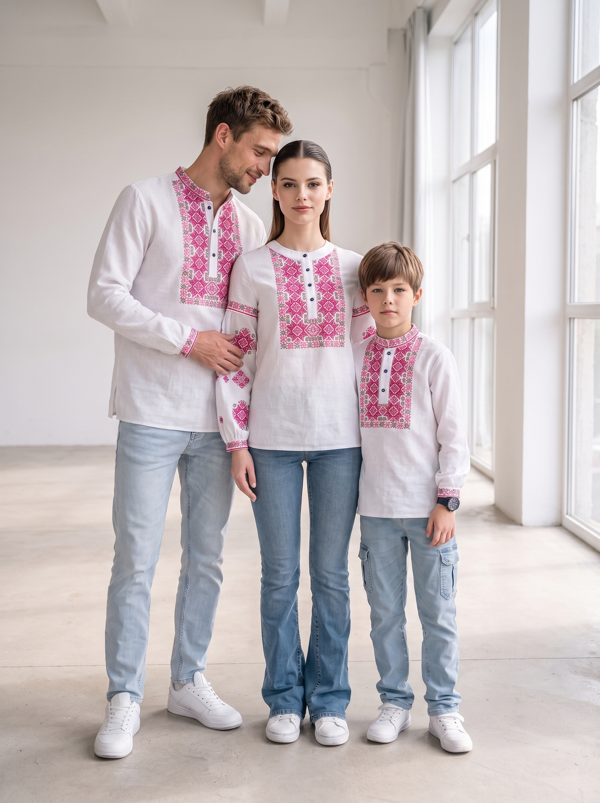 Family set "Semenivni" – šeimos vyšyvankų komplektas baltas su raudonu geometriniu siuvinėjimu (medvilninis), photo 2