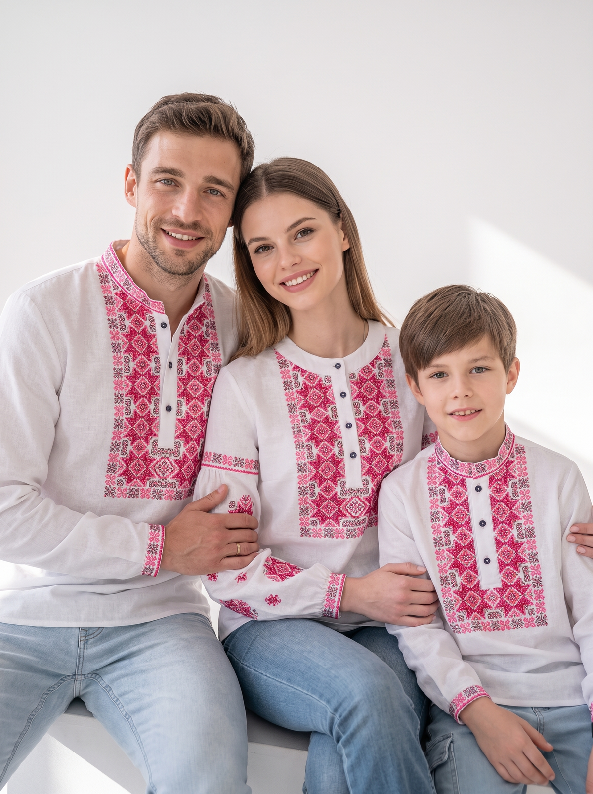 Family set "Semenivni" – šeimos vyšyvankų komplektas baltas su raudonu geometriniu siuvinėjimu (medvilninis)