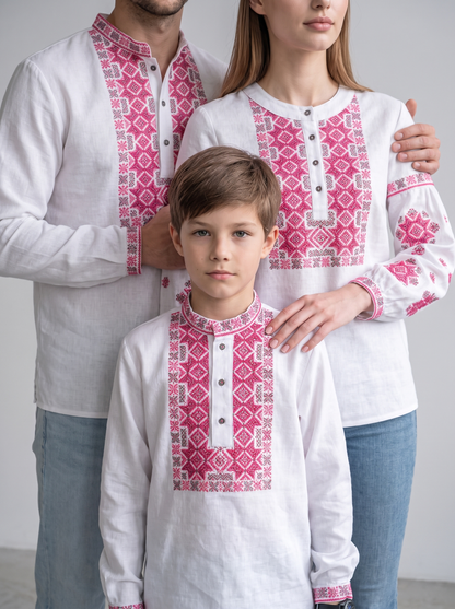 Family set "Semenivni" – šeimos vyšyvankų komplektas baltas su raudonu geometriniu siuvinėjimu (medvilninis), photo 4