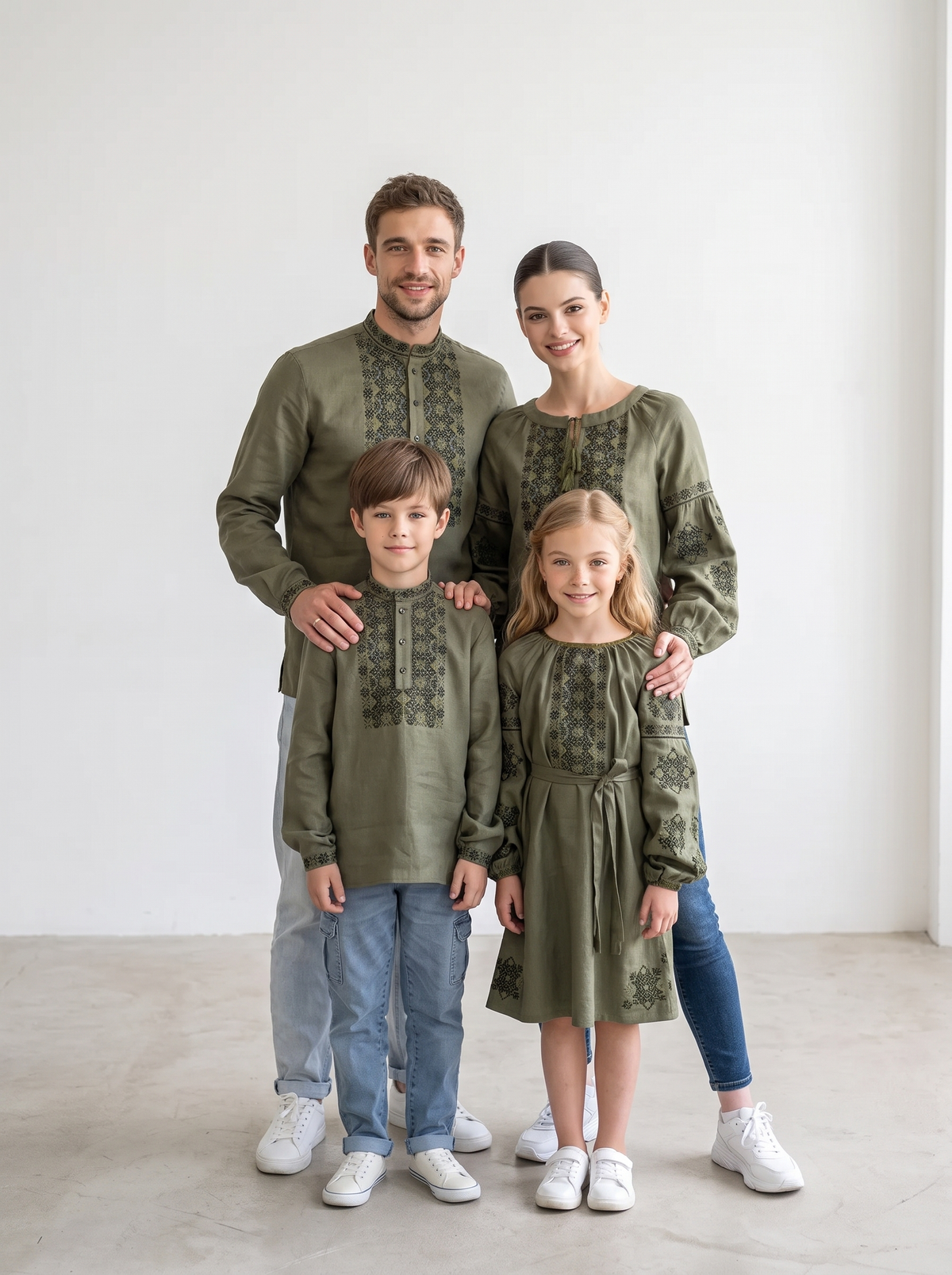 Family Set "Zelen" – šeimos vyšyvankų komplektas alyvuogių žalumo (lininis), photo 2