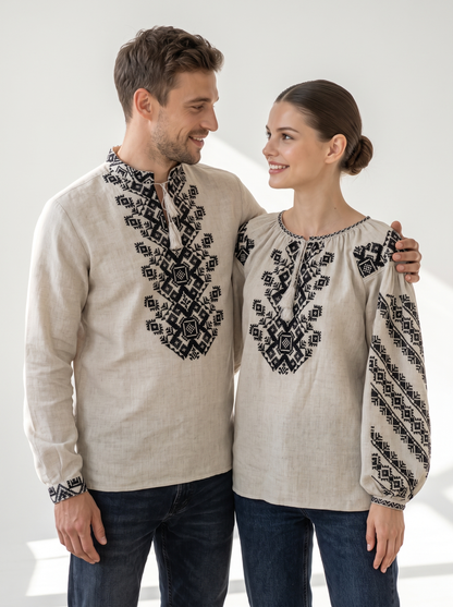 Family set "Ivanyvni" – couple vyshyvanka set beige with black geometric embroidery (cotton)