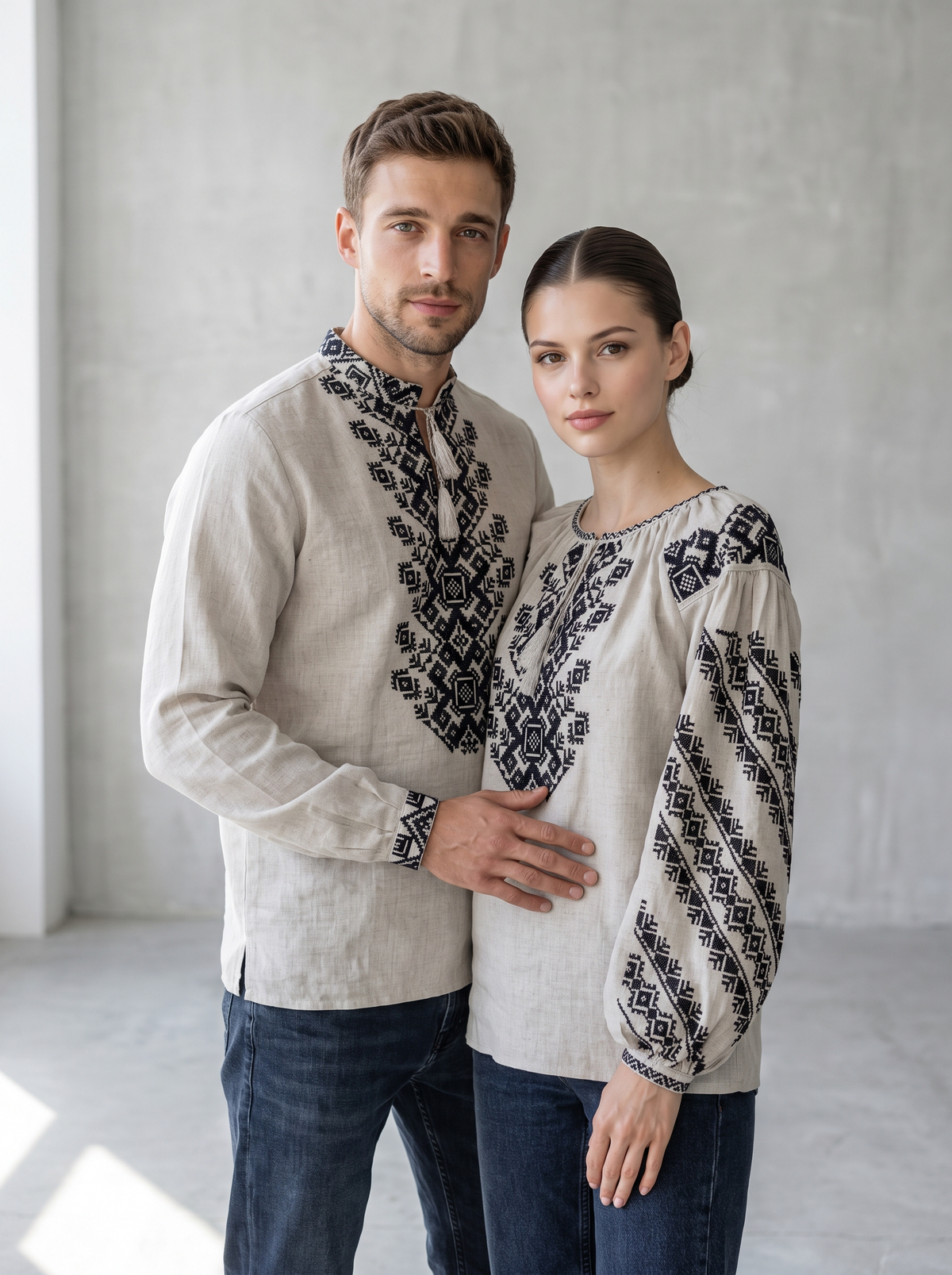 Family set "Ivanyvni" – couple vyshyvanka set beige with black geometric embroidery (cotton), photo 3