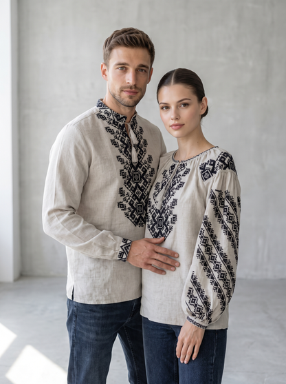 Family set "Ivanyvni" – couple vyshyvanka set beige with black geometric embroidery (cotton), photo 3