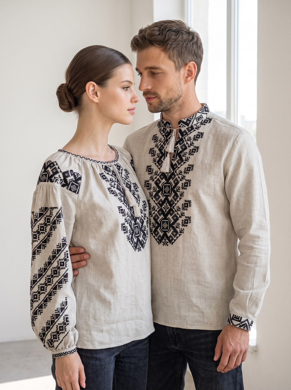 Family set "Ivanyvni" – couple vyshyvanka set beige with black geometric embroidery (cotton), photo 2