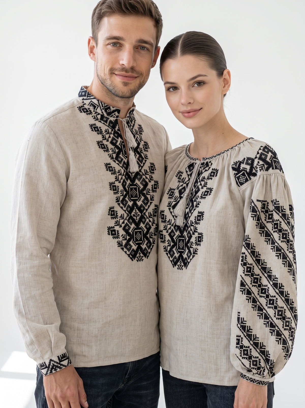 Family set "Ivanyvni" – couple vyshyvanka set beige with black geometric embroidery (cotton), photo 4