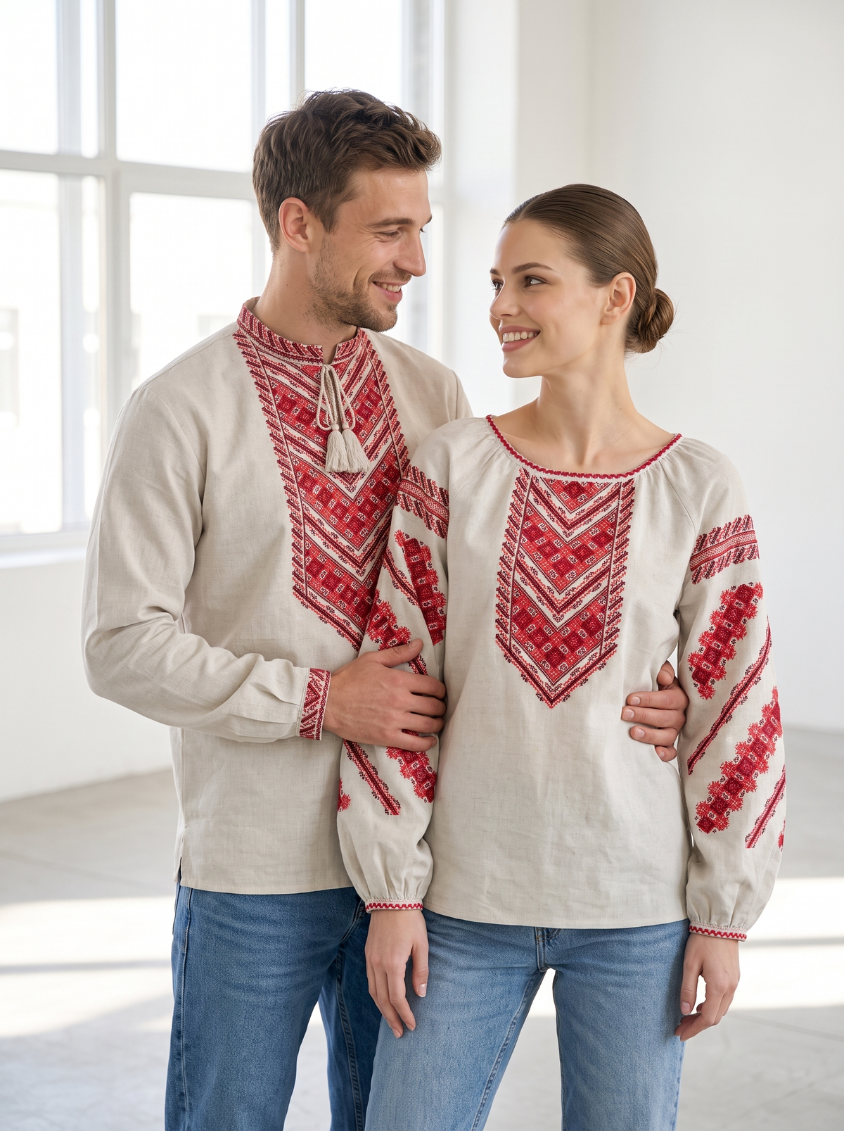 Family set "Nazarenky" red – couple vyshyvanka set white with red geometric embroidery (cotton)