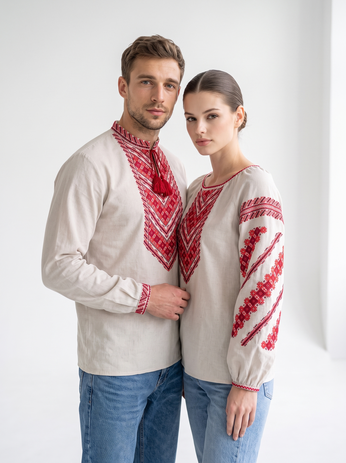 Family set "Nazarenky" red – couple vyshyvanka set white with red geometric embroidery (cotton), photo 2