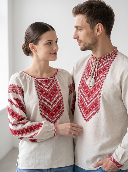Family set "Nazarenky" red – couple vyshyvanka set white with red geometric embroidery (cotton), photo 3