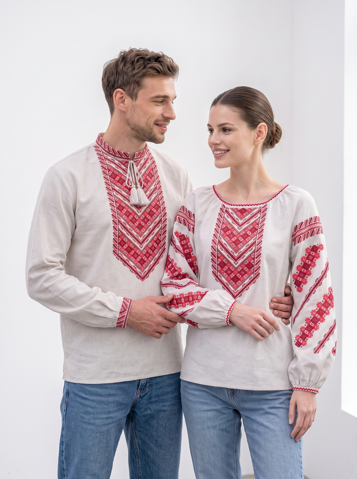 Family set "Nazarenky" red – couple vyshyvanka set white with red geometric embroidery (cotton), photo 4