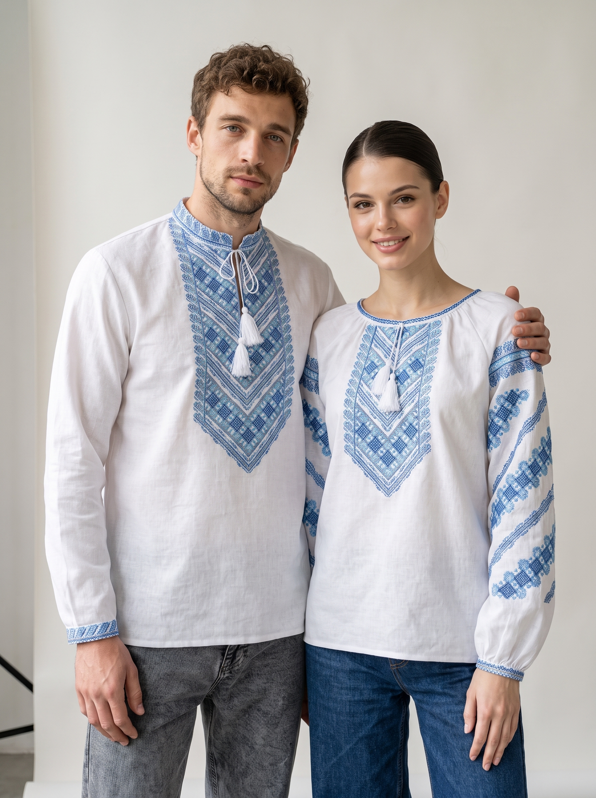 Family Set "Mykolaivny" – couple vyshyvanka set white with blue geometric embroidery (cotton), photo 2