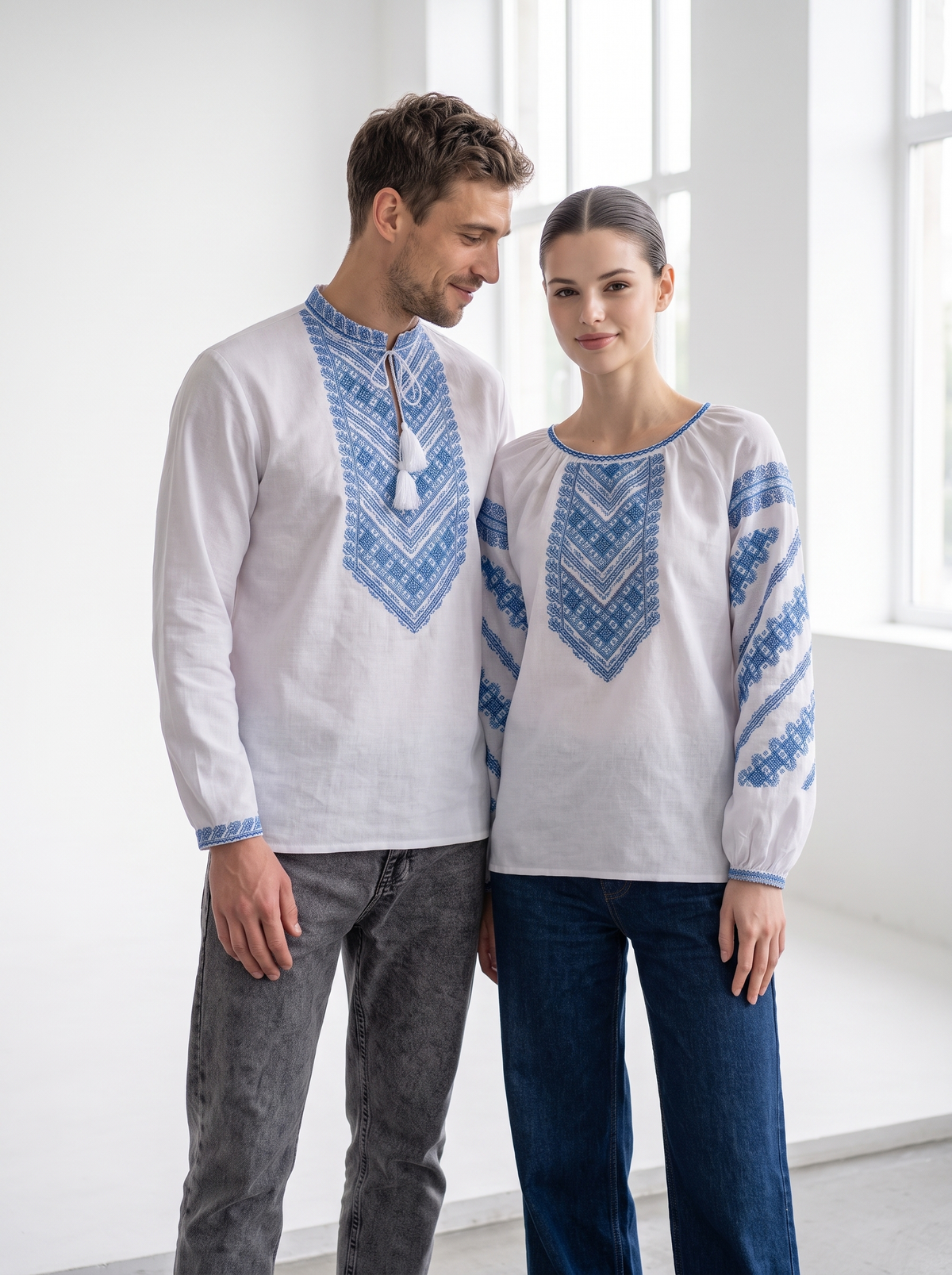 Family Set "Mykolaivny" – couple vyshyvanka set white with blue geometric embroidery (cotton), photo 3