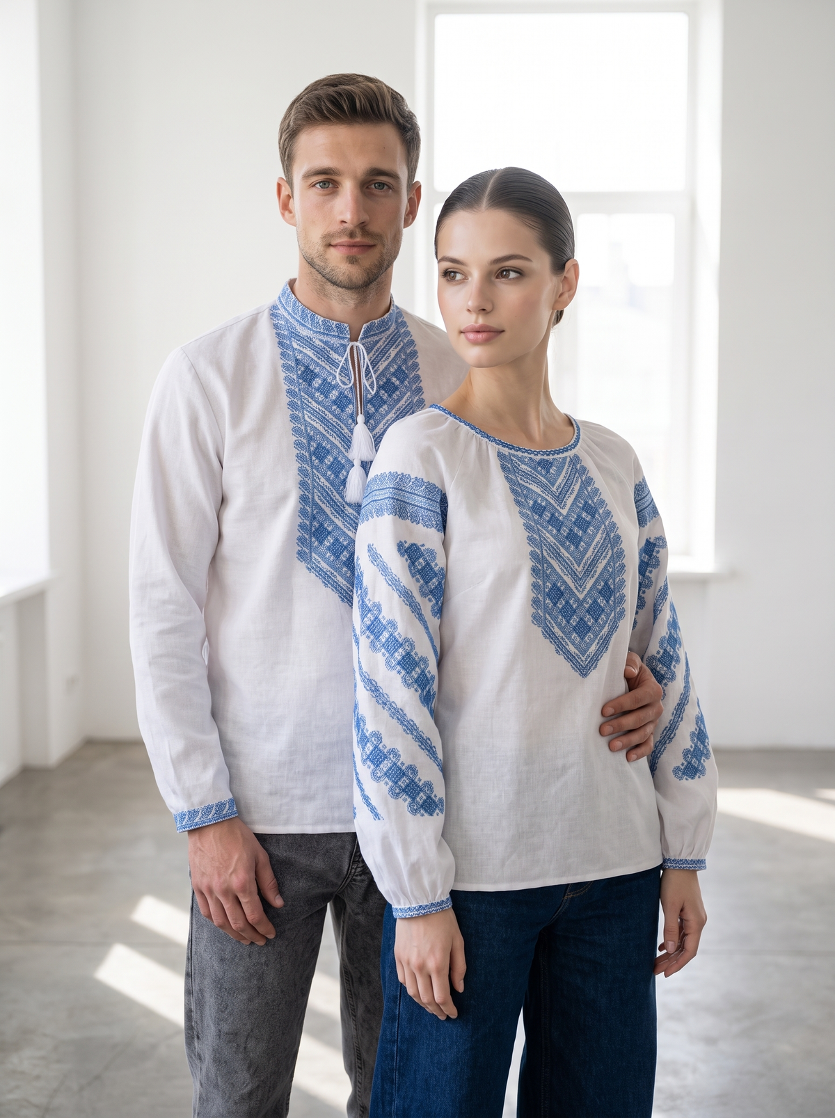 Family Set "Mykolaivny" – couple vyshyvanka set white with blue geometric embroidery (cotton), photo 4