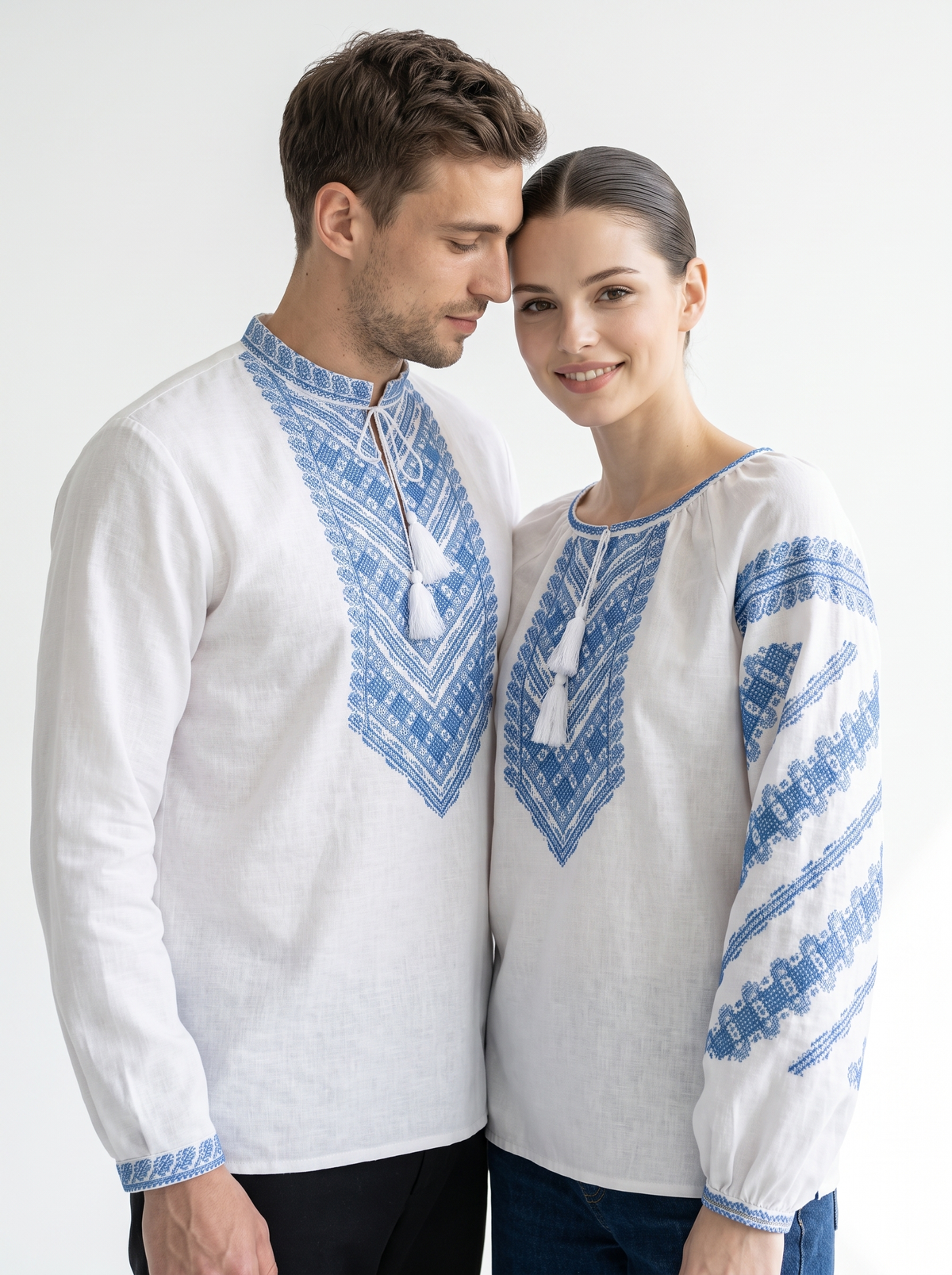 Family Set "Mykolaivny" – couple vyshyvanka set white with blue geometric embroidery (cotton), photo 5