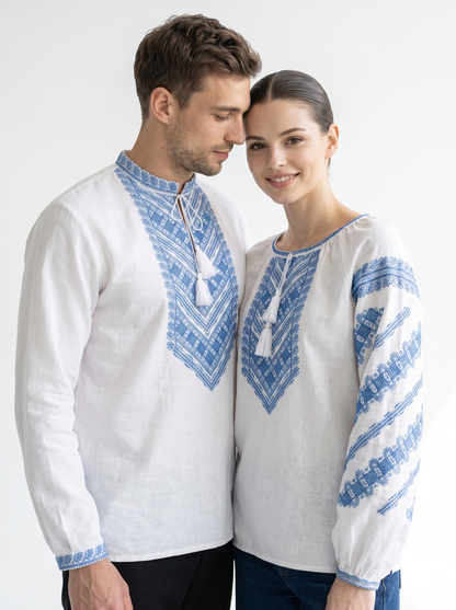 Family Set "Mykolaivny" – couple vyshyvanka set white with blue geometric embroidery (cotton), photo 5