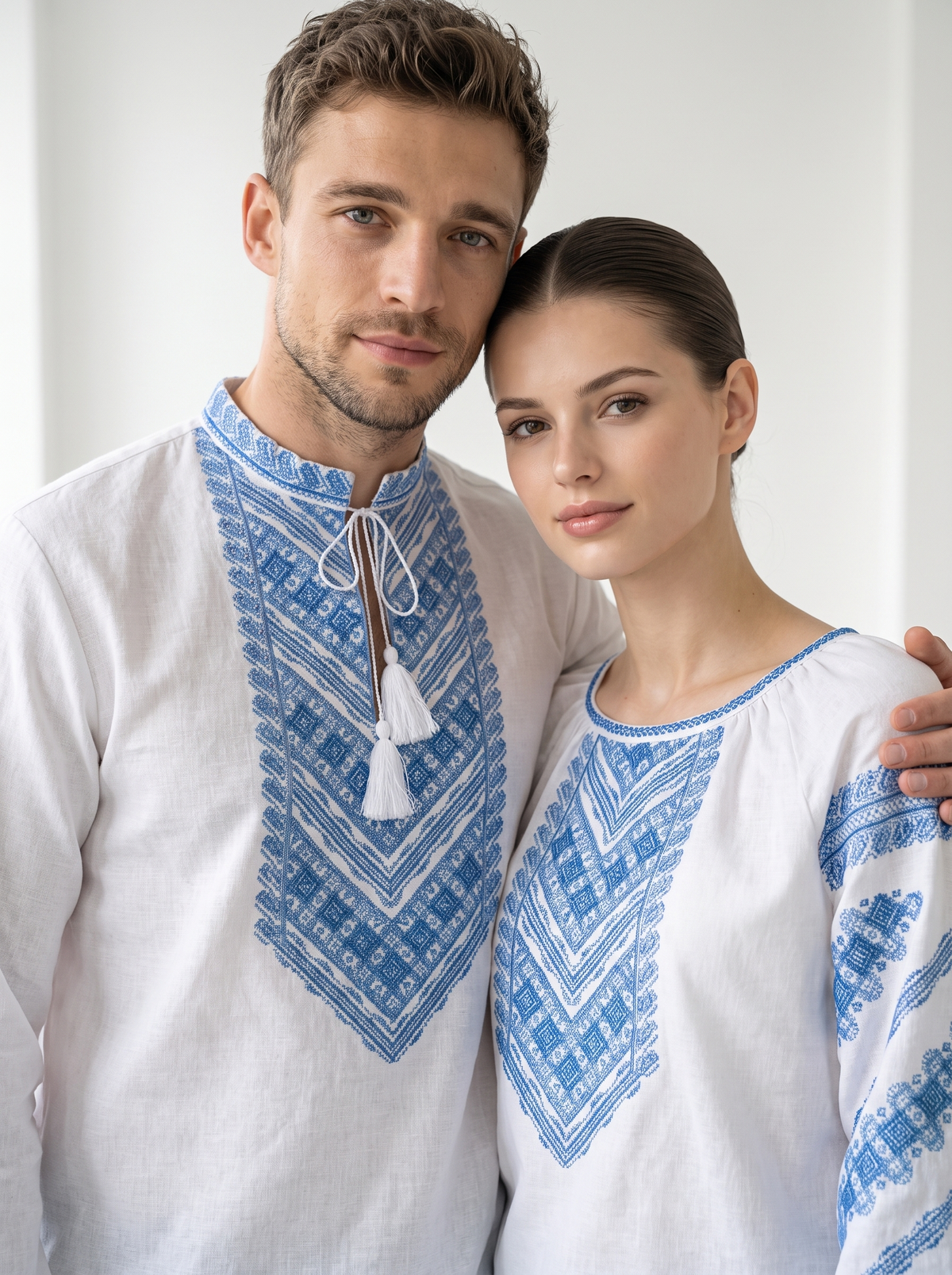 Family Set "Mykolaivny" – couple vyshyvanka set white with blue geometric embroidery (cotton)