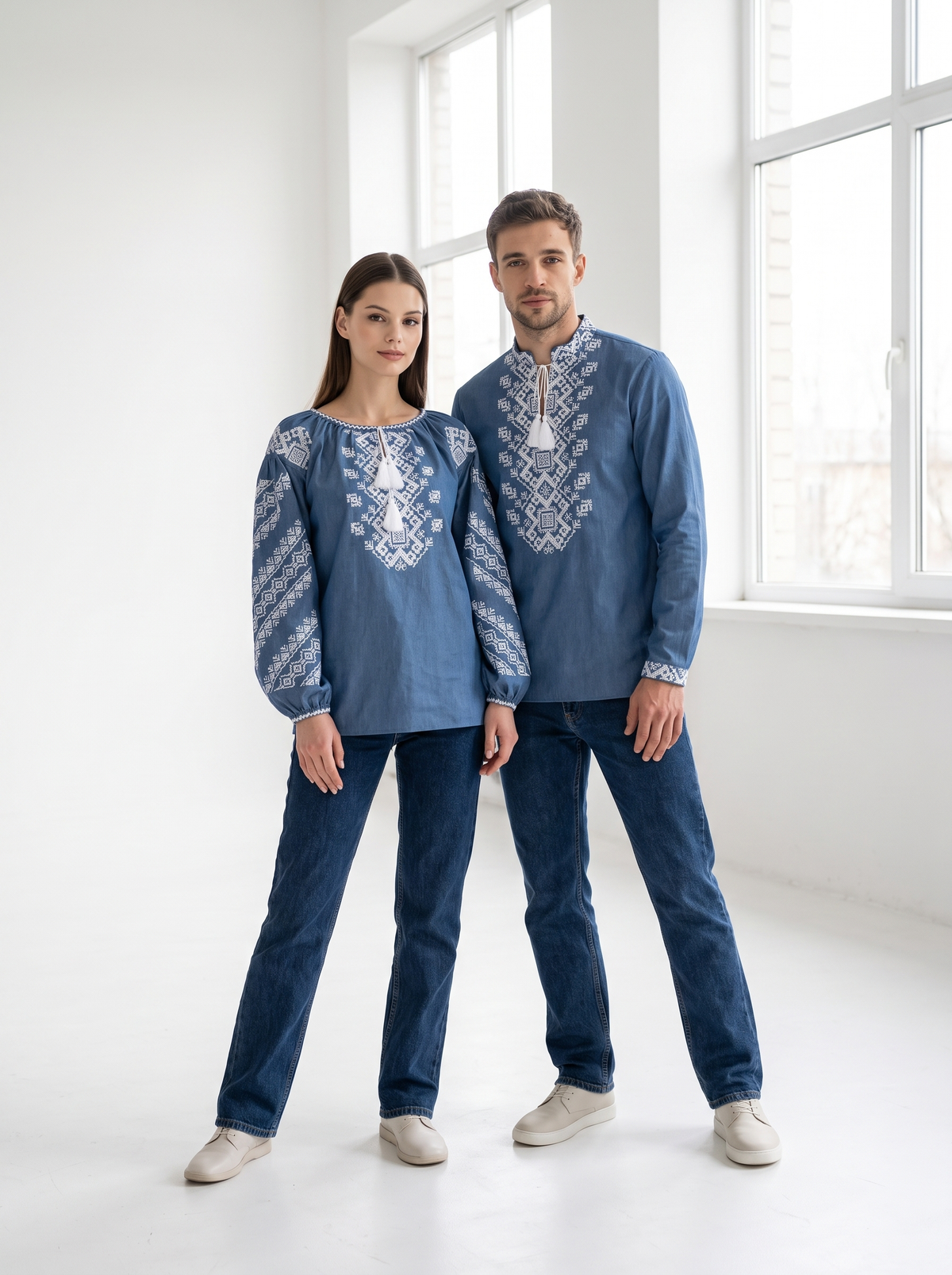 Vyshyvanka "Modernisty" – couple vyshyvanka set blue with white geometric embroidery (denim-cotton), photo 2