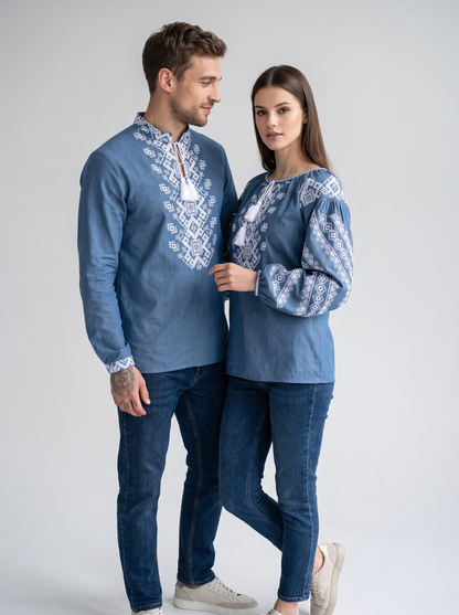 Vyshyvanka "Modernisty" – couple vyshyvanka set blue with white geometric embroidery (denim-cotton), photo 3
