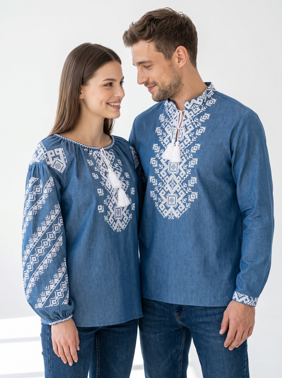 Vyshyvanka "Modernisty" – couple vyshyvanka set blue with white geometric embroidery (denim-cotton)