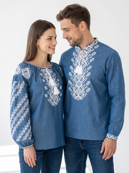 Vyshyvanka "Modernisty" – couple vyshyvanka set blue with white geometric embroidery (denim-cotton)