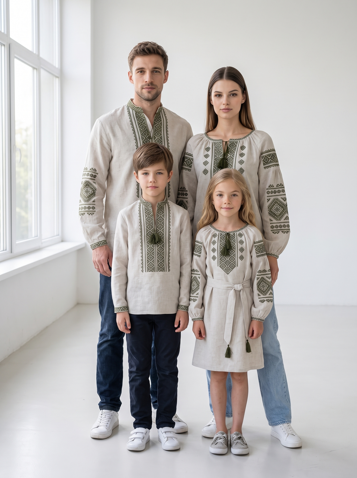 Family set "Nezlamni" – сімейний комплект вишиванок бежевий з зеленою геометричною вишивкою (льняний), photo 5