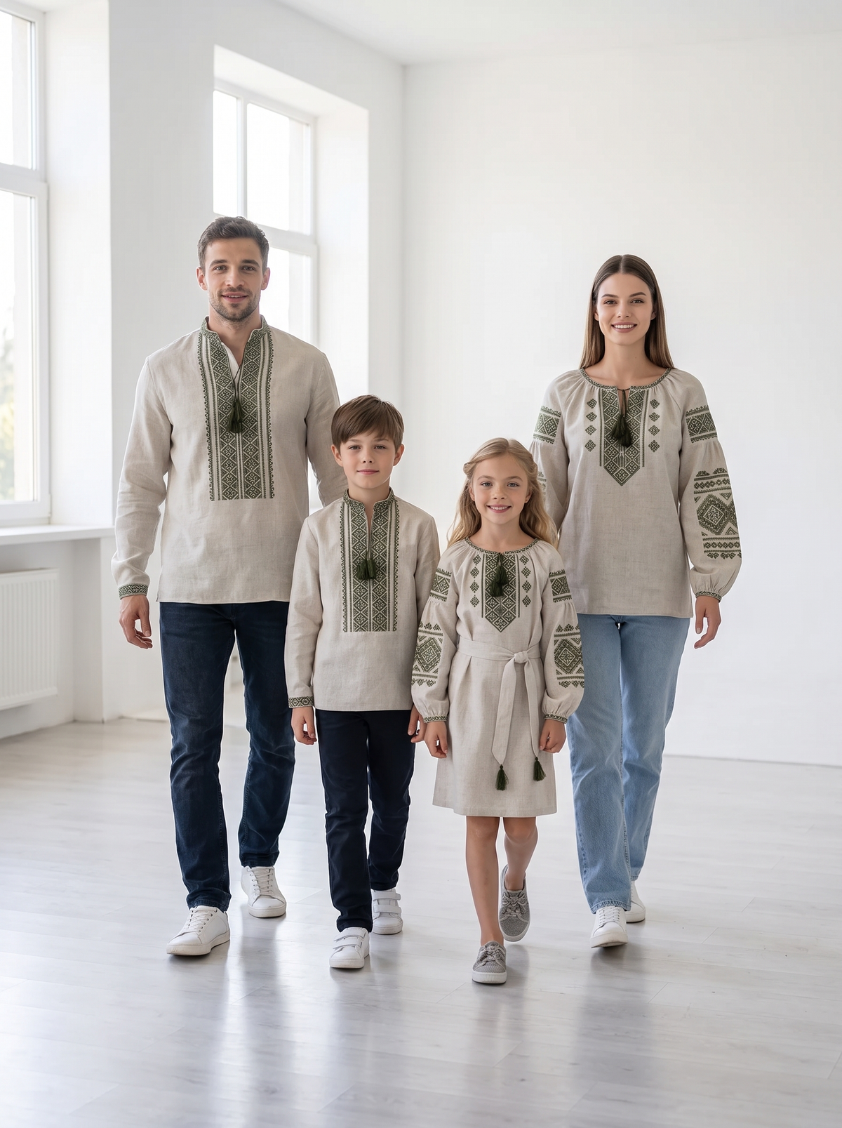 Family set "Nezlamni" – сімейний комплект вишиванок бежевий з зеленою геометричною вишивкою (льняний), photo 3